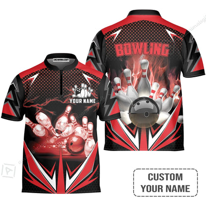 Customized Bowling Red Fire Polo Shirt For Bowling Players, Bowling Team Uniform Shirts, Gift For Men, Bowling Lovers, Bowlers