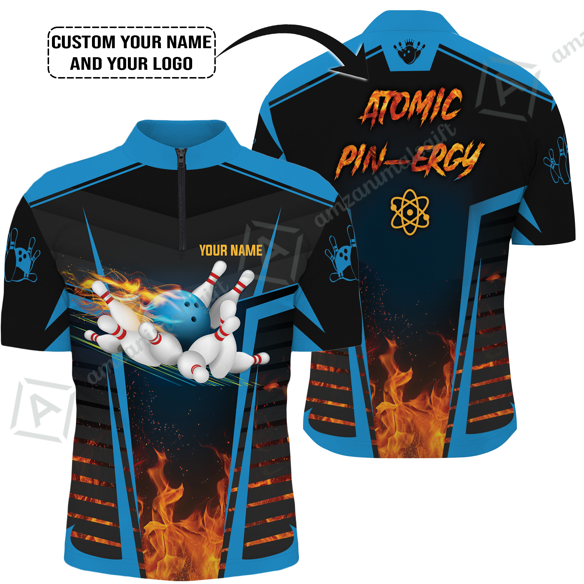 Customized Bowling Jerseys Shirt With Name And Logo, Fire Flaming  And Blue Bowling Uniforms For Bowler, Bowling Team