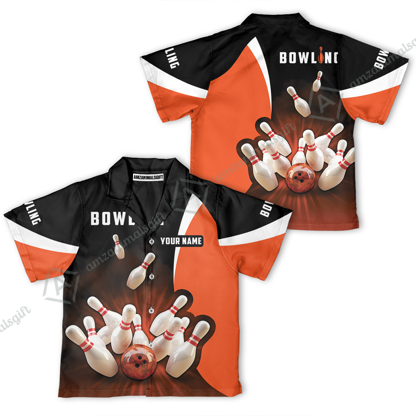 Customized Bowling Kid Youth T-Shirt, Ten Pin Strike Bowling Personalized Orange Black Children's Shirt For Son, Daughter, Family
