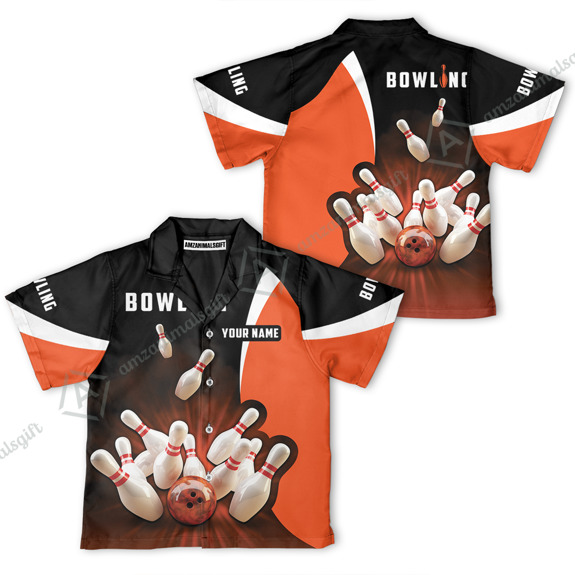Customized Bowling Kid Youth Hawaiian Aloha Shirt, Ten Pin Strike Bowling Orange Black Children's Shirt For Son, Daughter, Family