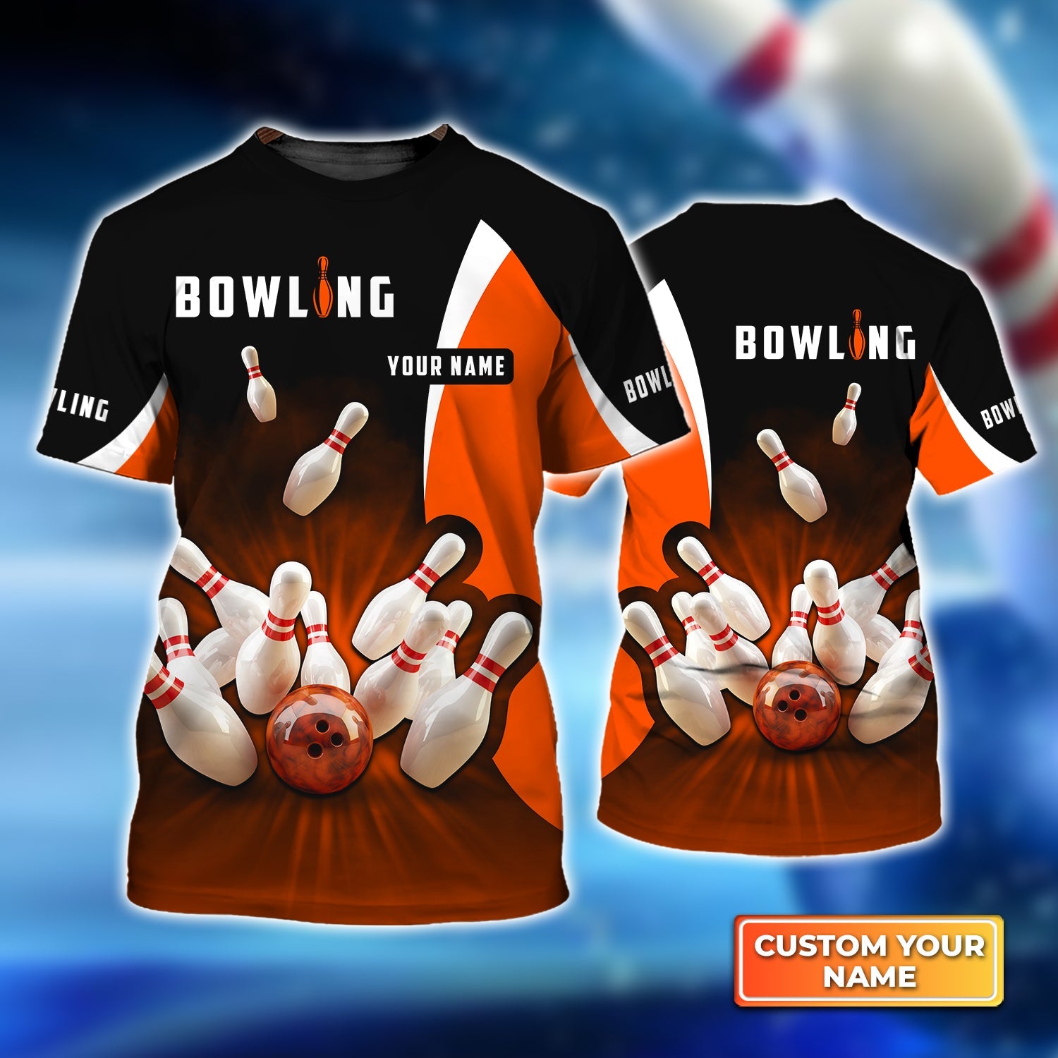 Customized Bowling Kid Youth T-Shirt, Ten Pin Strike Bowling Personalized Orange Black Children's Shirt For Son, Daughter, Family