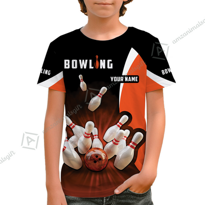 Customized Bowling Kid Youth T-Shirt, Ten Pin Strike Bowling Personalized Orange Black Children's Shirt For Son, Daughter, Family