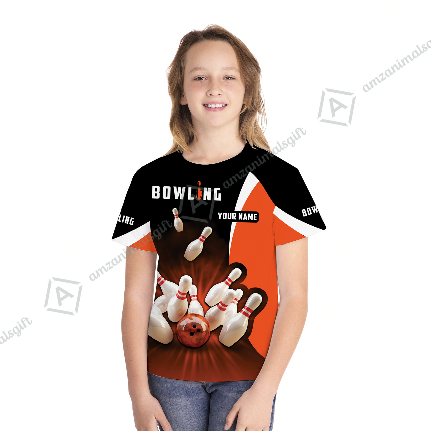 Customized Bowling Kid Youth T-Shirt, Ten Pin Strike Bowling Personalized Orange Black Children's Shirt For Son, Daughter, Family