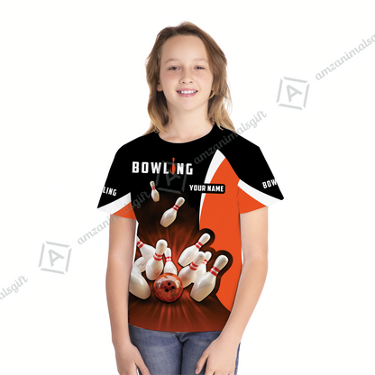 Customized Bowling Kid Youth T-Shirt, Ten Pin Strike Bowling Personalized Orange Black Children's Shirt For Son, Daughter, Family