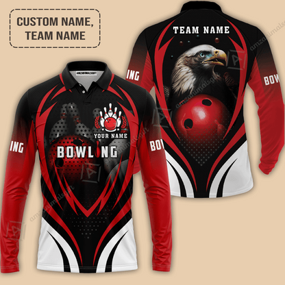 Customized Bowling Long Sleeve Polo Shirt, Eagle Bowling Team Ten Pin  Personalized Red Black Shirt For Friend, Family, Bowling Players