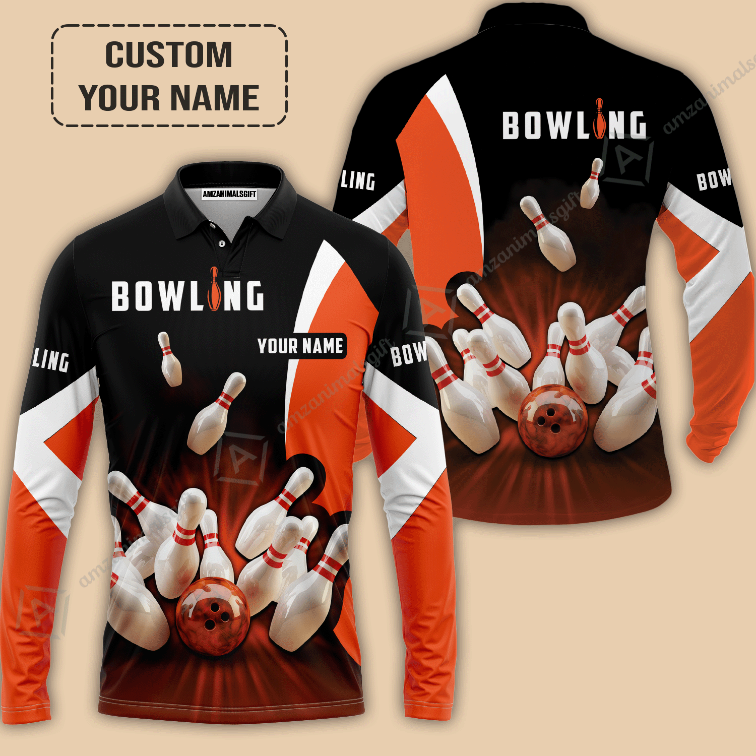 Customized Bowling Long Polo Shirt, Ten Pin Strike Bowling Personalized Orange Black Shirt For Friend, Family, Bowling Players