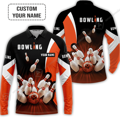 Customized Bowling Women Polo Shirt, Ten Pin Strike Bowling Personalized Orange Black Shirt For Friend, Family, Bowling Players