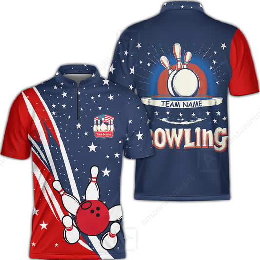 Customized Bowling Patriotic Jersey, Red White Blue Theme Quarter-zip Stand Collar Shirt, Perfect For Bowling Team