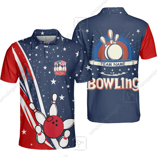 Customized Bowling Patriotic Polo Shirt, Red White Blue Theme Quarter-zip Stand Collar Shirt, Perfect For Bowling Team