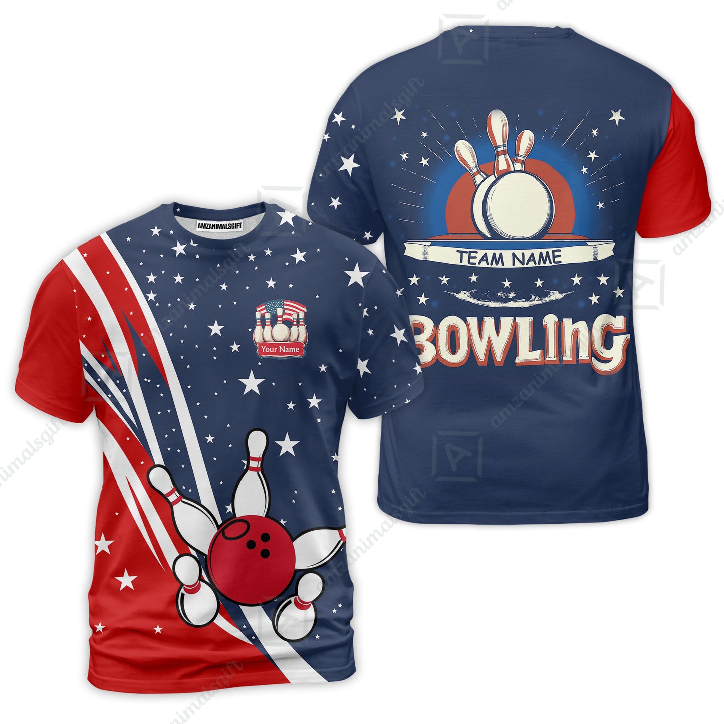 Customized Bowling Patriotic T-Shirt, Red White Blue Theme T-Shirt, Perfect For Bowling Team, Bowlers