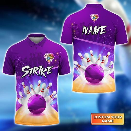 Customized Bowling Polo Shirt, Bowling Strike Pin And Purple Ball Personalized Bowling Polo Shirt For Men - Gift For Bowlers, Bowling Lovers - Amzanimalsgift