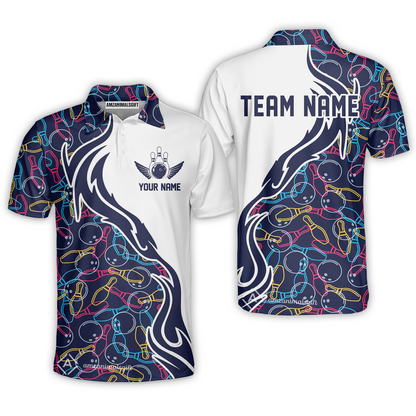 Customized Bowling Button Up Shirt, Skittles And Balls Outline Bowling Pattern Hawaiian Shirt Custom Name For Bowlers