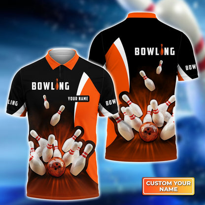 Customized Bowling Women Polo Shirt, Ten Pin Strike Bowling Personalized Orange Black Shirt For Friend, Family, Bowling Players