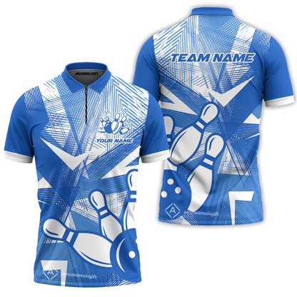Customized Bowling Quarter-Zip Polo Shirt, Bowling Ball And Pins Esports Pattern Zip Polo Shirt Uniform For Bowlers
