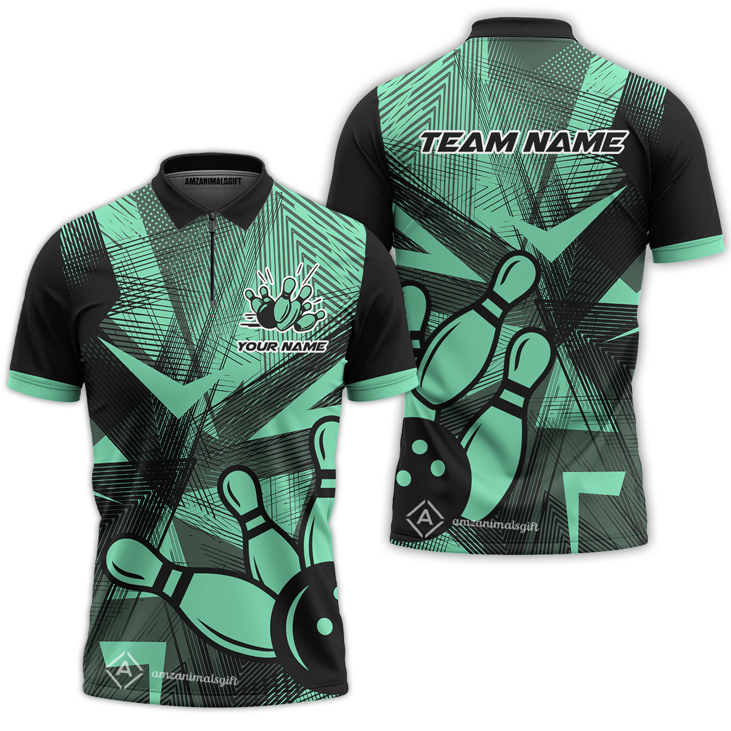 Customized Bowling Quarter-Zip Polo Shirt, Bowling Ball And Pins Esports Pattern Zip Polo Shirt Uniform For Bowlers