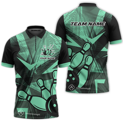 Customized Bowling Quarter-Zip Polo Shirt, Bowling Ball And Pins Esports Pattern Zip Polo Shirt Uniform For Bowlers