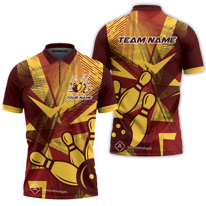 Customized Bowling Quarter-Zip Polo Shirt, Bowling Ball And Pins Esports Pattern Zip Polo Shirt Uniform For Bowlers