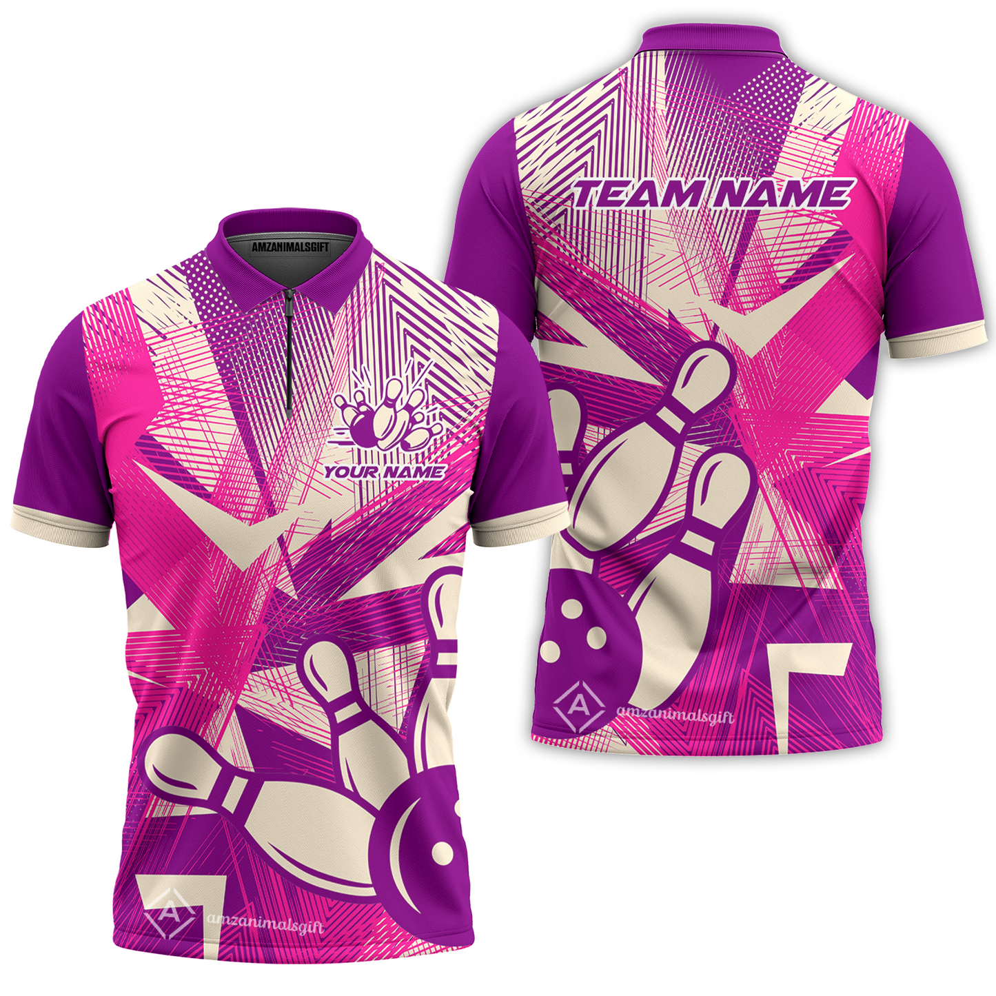 Customized Bowling Quarter-Zip Polo Shirt, Bowling Ball And Pins Esports Pattern Zip Polo Shirt Uniform For Bowlers