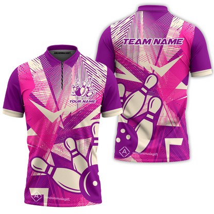 Customized Bowling Quarter-Zip Polo Shirt, Bowling Ball And Pins Esports Pattern Zip Polo Shirt Uniform For Bowlers