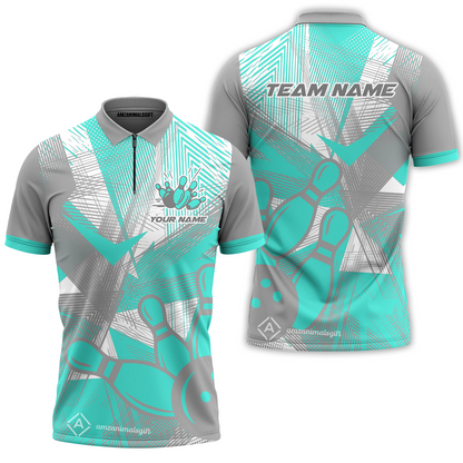 Customized Bowling Quarter-Zip Polo Shirt, Bowling Ball And Pins Esports Pattern Zip Polo Shirt Uniform For Bowlers