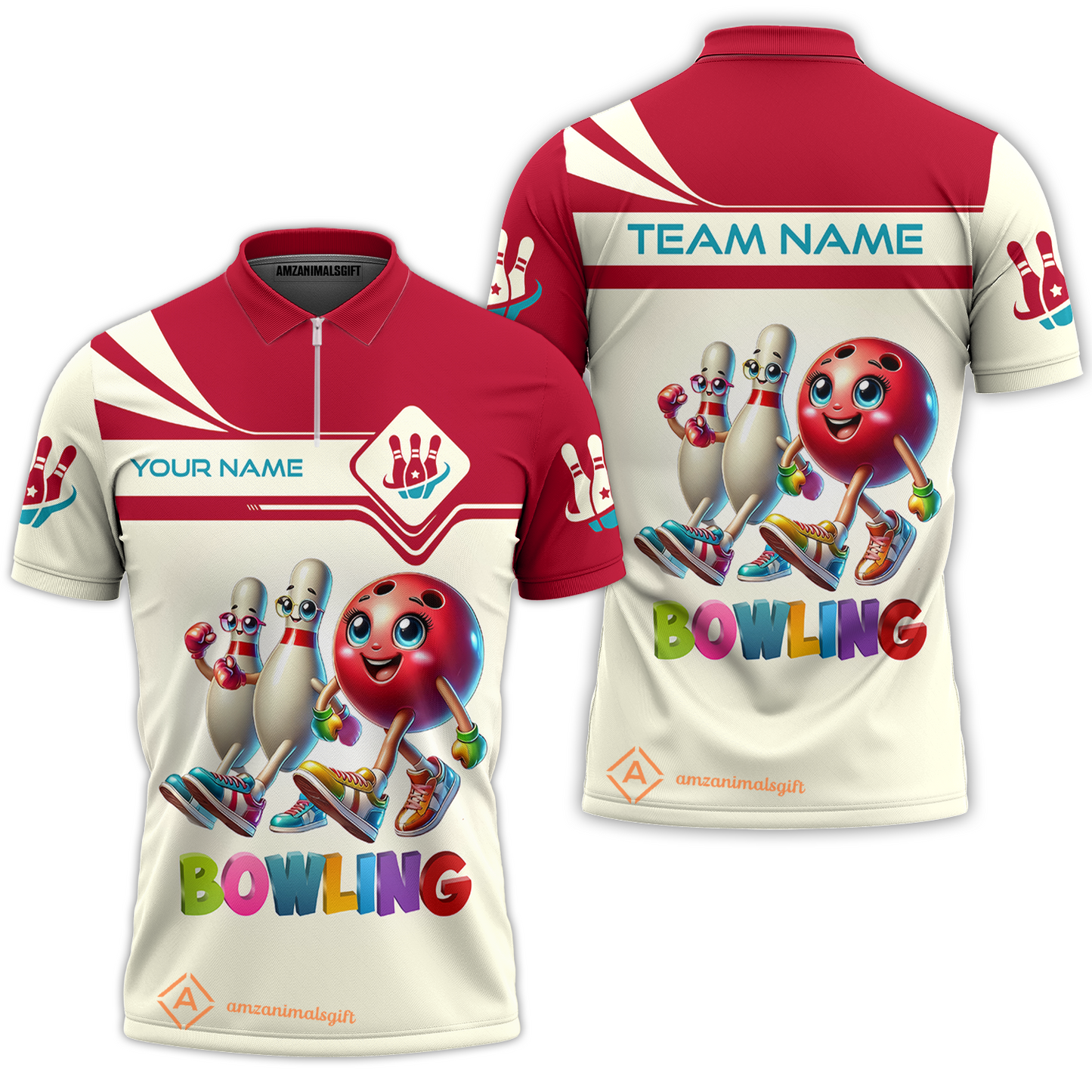 Customized Bowling Quarter-Zip Polo Shirt, Bowling Ball and Pins Together Zip Polo Shirt Uniform For Bowlers, Bowling Team