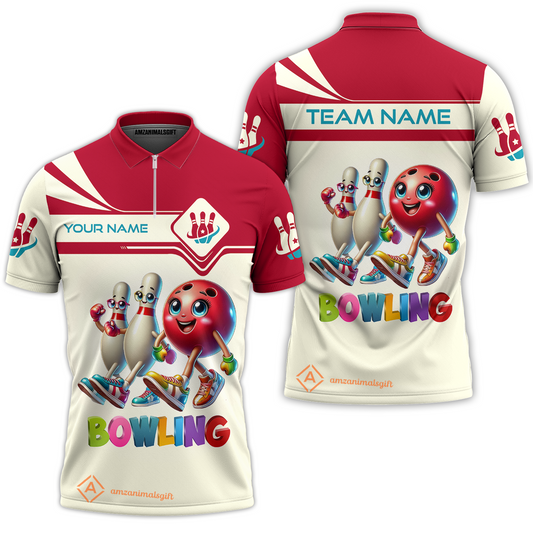 Customized Bowling Quarter-Zip Polo Shirt, Bowling Ball and Pins Together Zip Polo Shirt Uniform For Bowlers, Bowling Team
