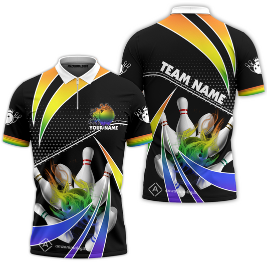 Customized Bowling Quarter-Zip Polo Shirt, Bowling Ball & Pins Fire Light Sport Zip Polo Shirt Multicolor Option For Bowlers