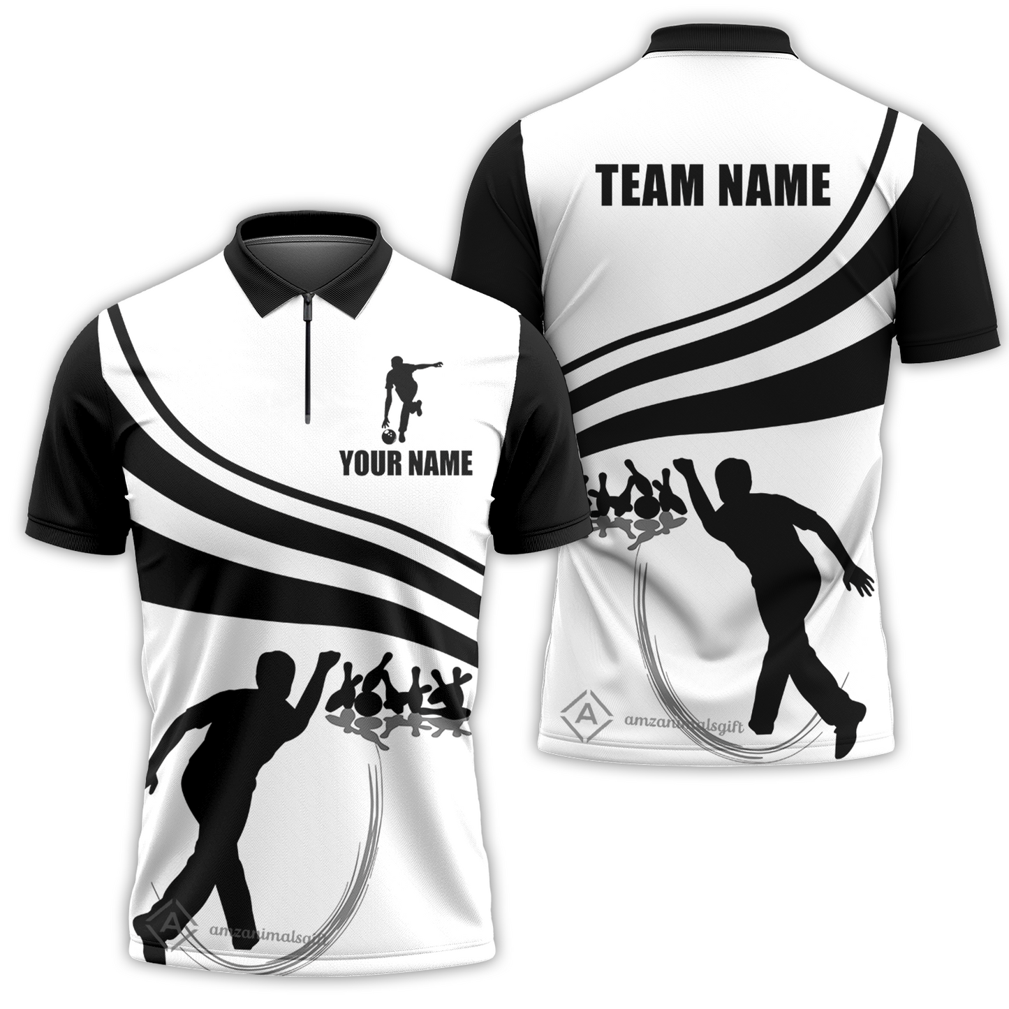 Customized Bowling Quarter-Zip Polo Shirt Bowling Silhouette Black And White, Custom Name And Team Name Bowling Polo Shirt
