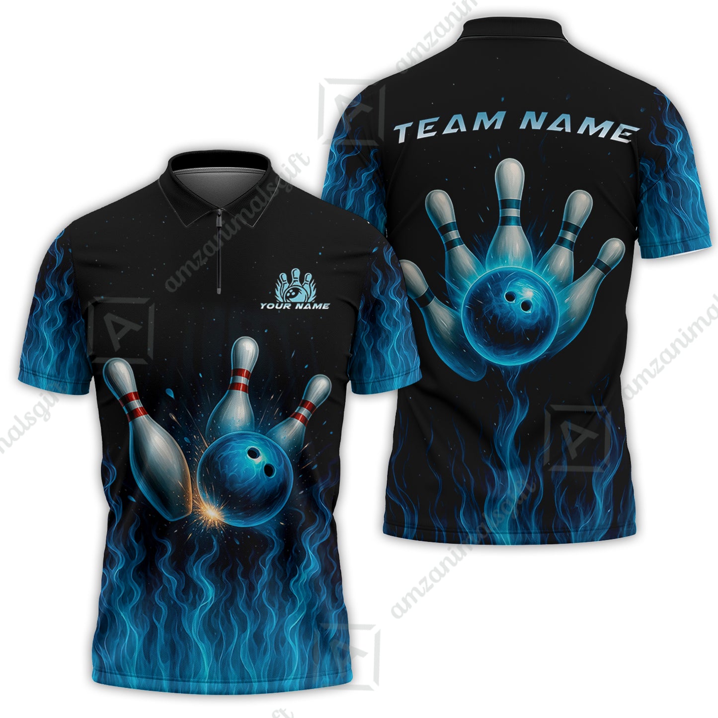 Customized Bowling Quarter-Zip Polo Shirt, Intense Blue Flame Strike Zip Polo Shirt For Bowling Team, Bowlers