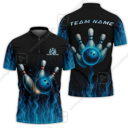 Customized Bowling Quarter-Zip Polo Shirt, Intense Blue Flame Strike Zip Polo Shirt For Bowling Team, Bowlers