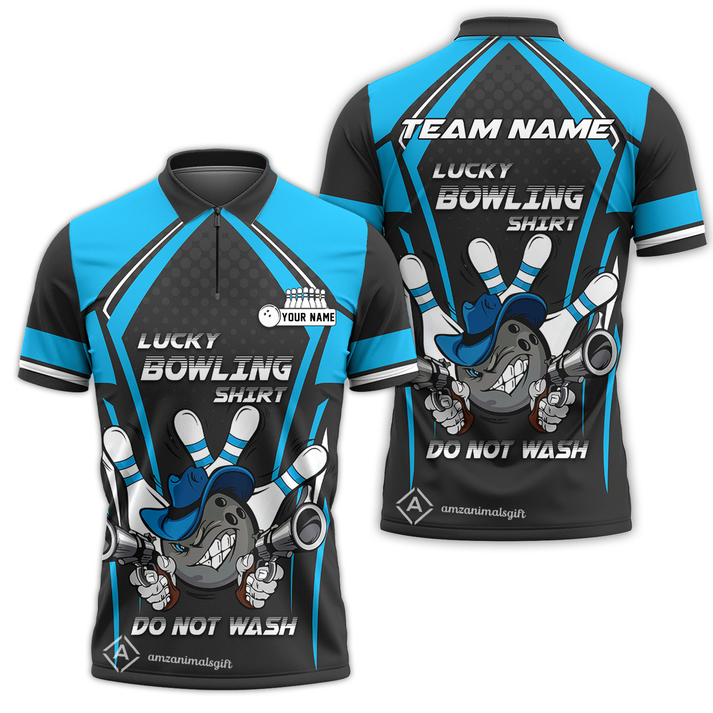 Customized Bowling Quarter-Zip Polo Shirt, Lucky Bowling Shirt Do Not Wash Bowling Ball Aiming Guns, Personalized Name Polo Shirt