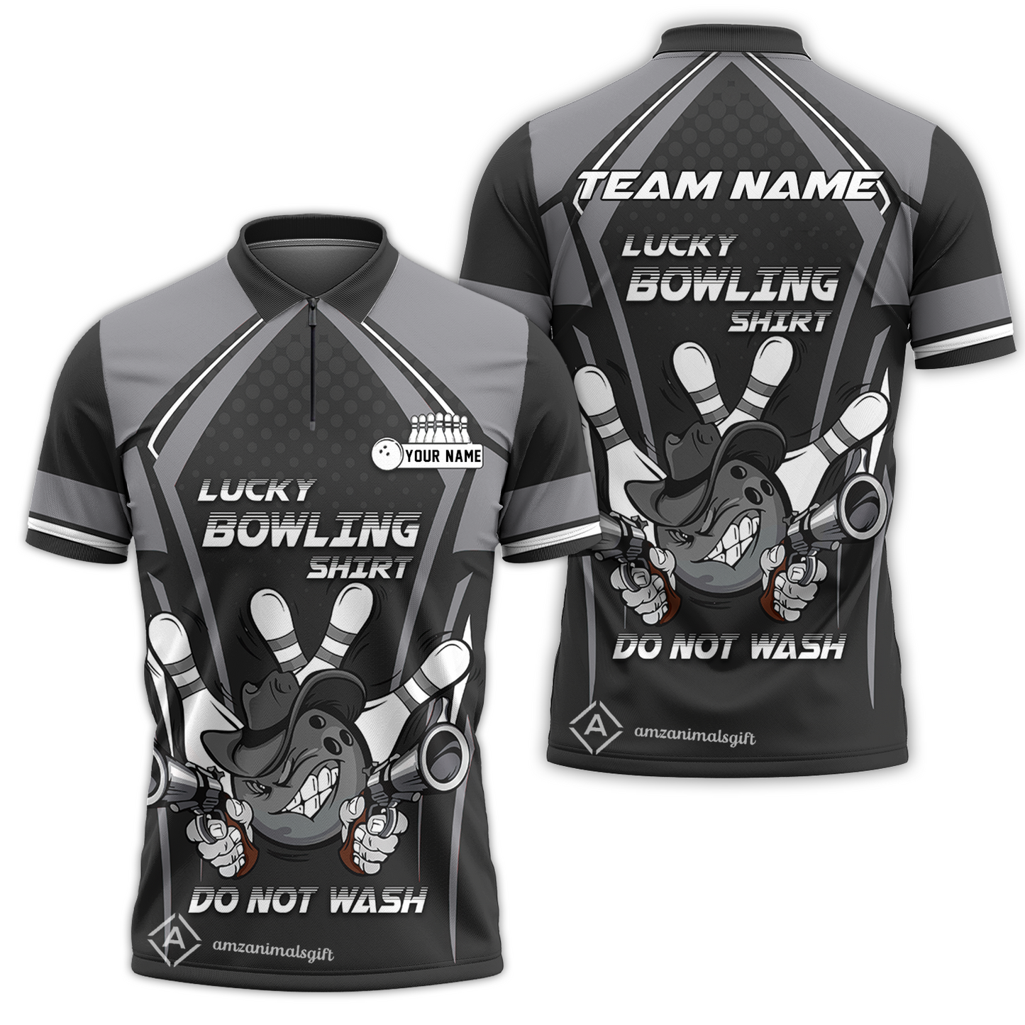 Customized Bowling Quarter-Zip Polo Shirt, Lucky Bowling Shirt Do Not Wash Bowling Ball Aiming Guns, Personalized Name Polo Shirt