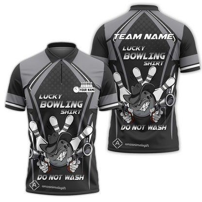 Customized Bowling Quarter-Zip Polo Shirt, Lucky Bowling Shirt Do Not Wash Bowling Ball Aiming Guns, Personalized Name Polo Shirt