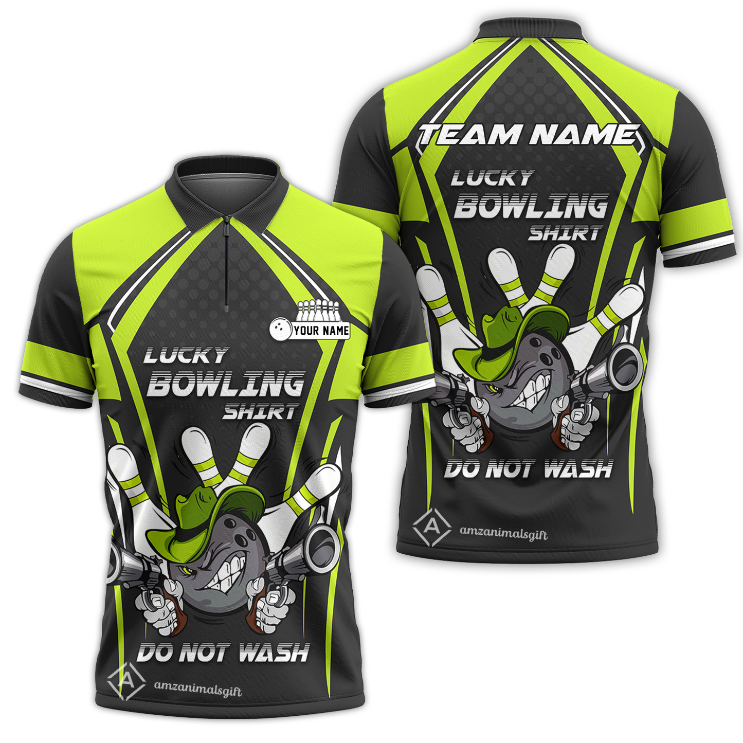 Customized Bowling Quarter-Zip Polo Shirt, Lucky Bowling Shirt Do Not Wash Bowling Ball Aiming Guns, Personalized Name Polo Shirt