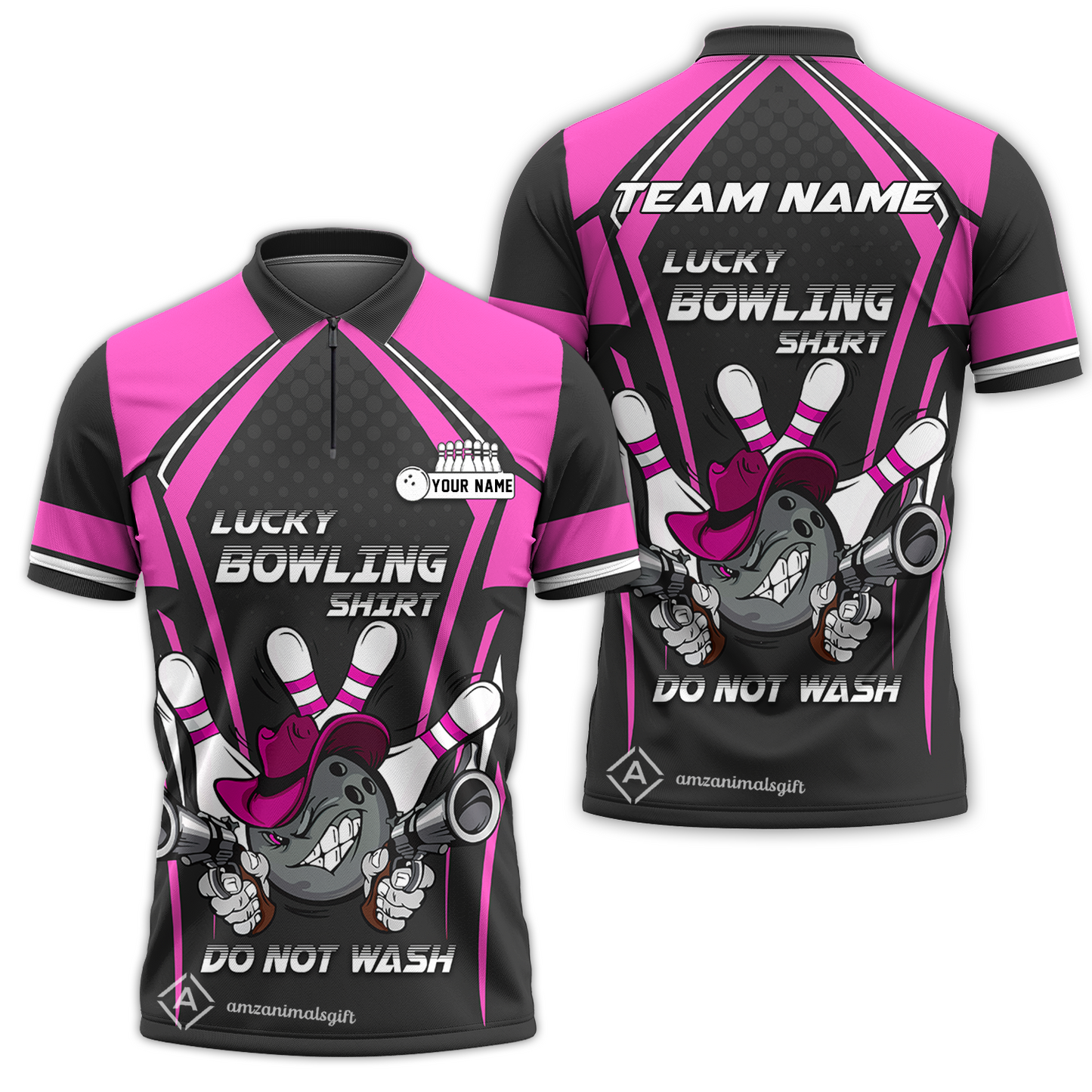 Customized Bowling Quarter-Zip Polo Shirt, Lucky Bowling Shirt Do Not Wash Bowling Ball Aiming Guns, Personalized Name Polo Shirt