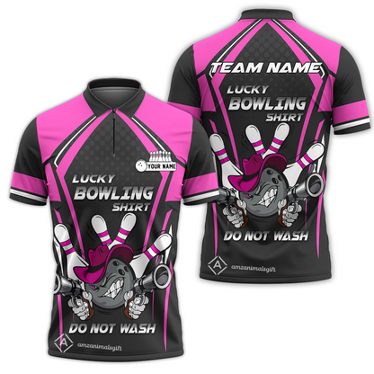 Customized Bowling Quarter-Zip Polo Shirt, Lucky Bowling Shirt Do Not Wash Bowling Ball Aiming Guns, Personalized Name Polo Shirt