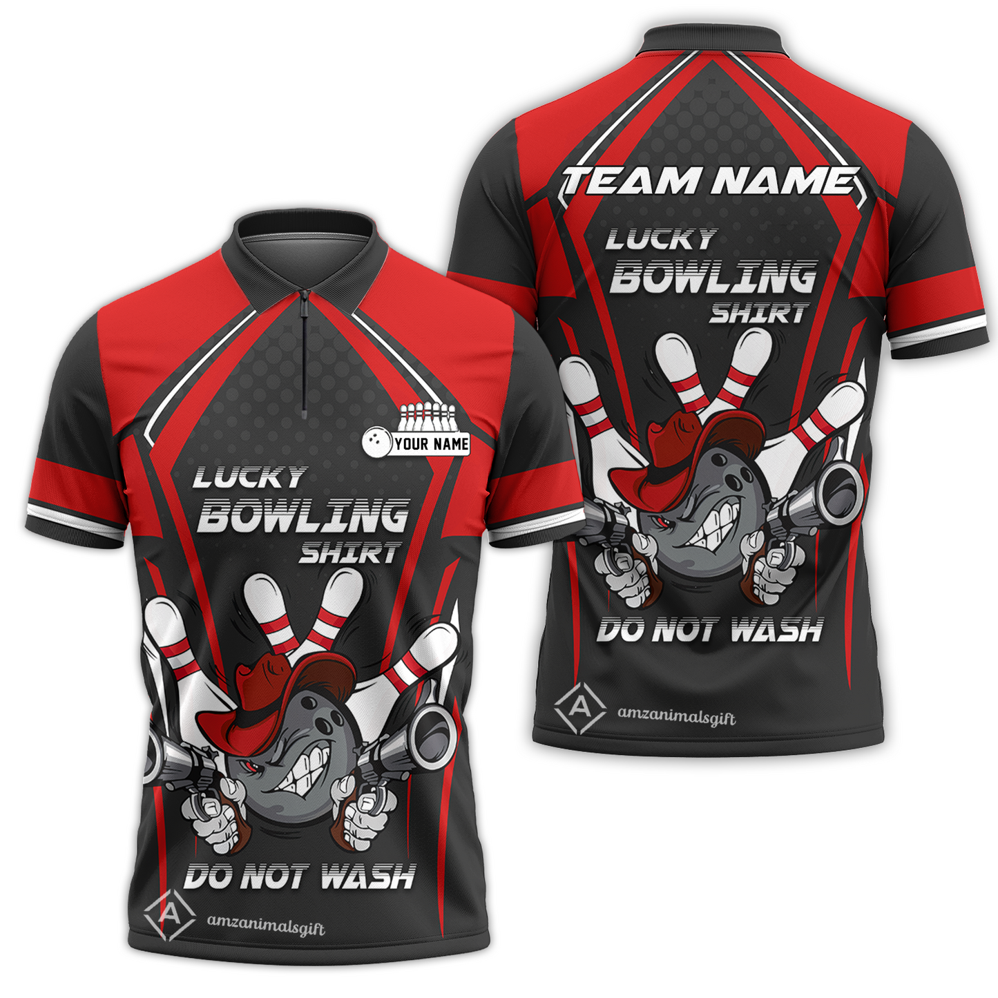 Customized Bowling Quarter-Zip Polo Shirt, Lucky Bowling Shirt Do Not Wash Bowling Ball Aiming Guns, Personalized Name Polo Shirt