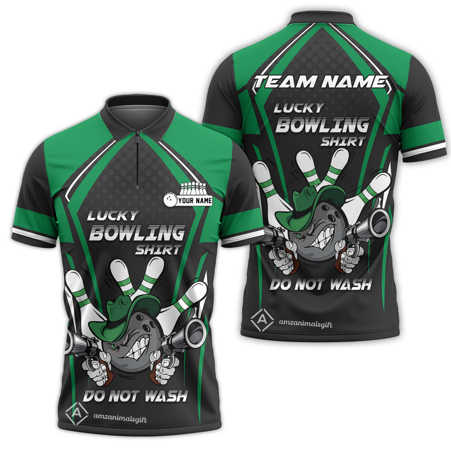 Customized Bowling Quarter-Zip Polo Shirt, Lucky Bowling Shirt Do Not Wash Bowling Ball Aiming Guns, Personalized Name Polo Shirt