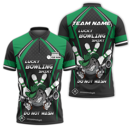 Customized Bowling Quarter-Zip Polo Shirt, Lucky Bowling Shirt Do Not Wash Bowling Ball Aiming Guns, Personalized Name Polo Shirt