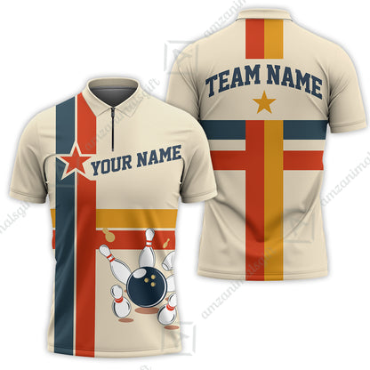 Customized Bowling Quarter-Zip Polo Shirt, Vintage Americana Bowling Style Zip Polo Shirt For Bowling Team, Bowlers
