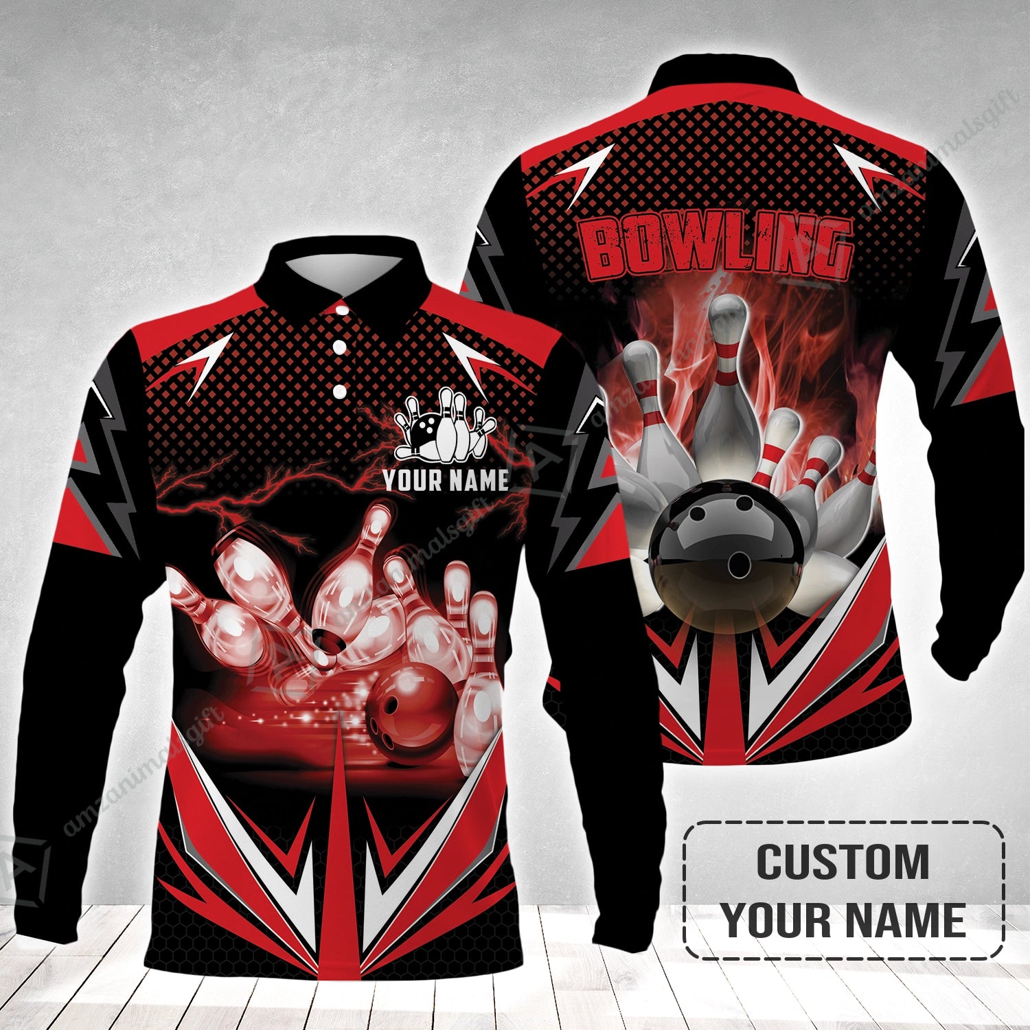 Customized Bowling Red Fire Long Polo Shirt For Bowling Players, Bowling Team Uniform Shirts, Gift For Men, Bowling Lovers, Bowlers