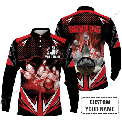 Customized Bowling Red Fire Polo Shirt For Bowling Players, Bowling Team Uniform Shirts, Gift For Men, Bowling Lovers, Bowlers