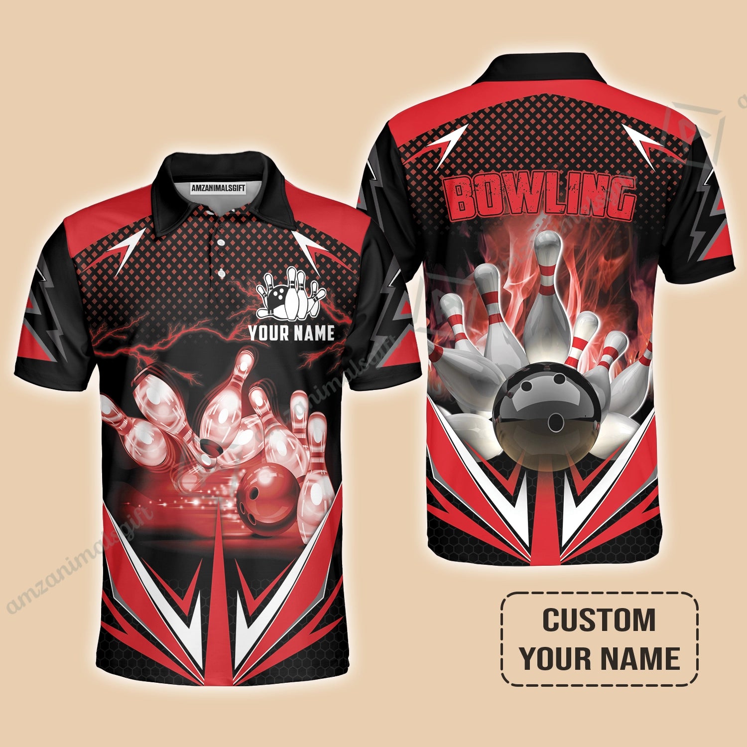 Customized Bowling Red Fire Polo Shirt For Bowling Players, Bowling Team Uniform Shirts, Gift For Men, Bowling Lovers, Bowlers