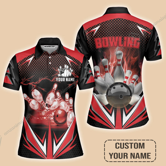 Customized Bowling Red Fire Women Polo Shirt For Bowling Players, Bowling Team Uniform Shirts, Gift For Men, Bowling Lovers, Bowlers