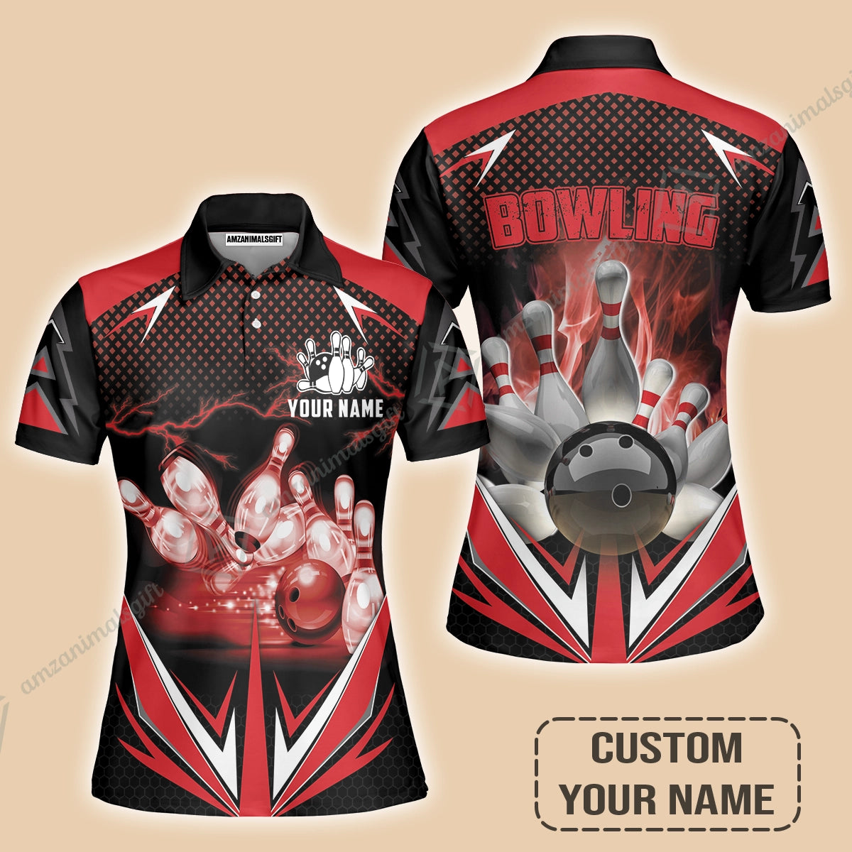 Customized Bowling Red Fire Women Polo Shirt For Bowling Players, Bowling Team Uniform Shirts, Gift For Men, Bowling Lovers, Bowlers