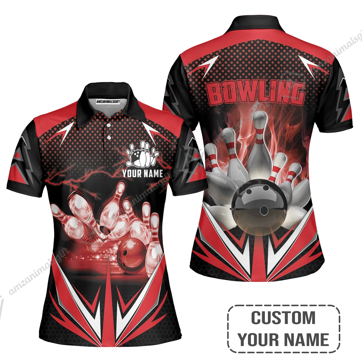 Customized Bowling Red Fire Women Polo Shirt For Bowling Players, Bowling Team Uniform Shirts, Gift For Men, Bowling Lovers, Bowlers