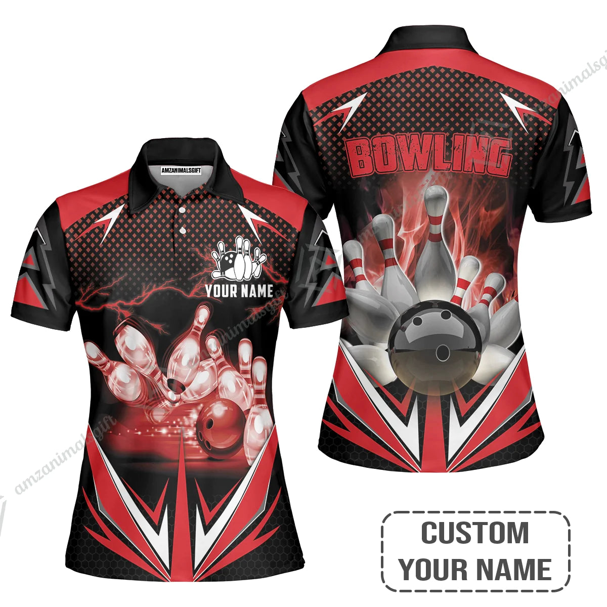 Customized Bowling Red Fire Polo Shirt For Bowling Players, Bowling Team Uniform Shirts, Gift For Men, Bowling Lovers, Bowlers