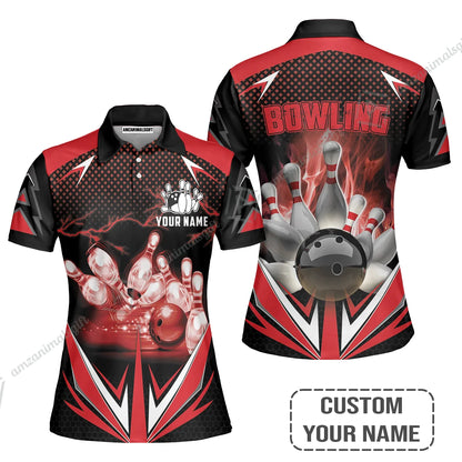 Customized Bowling Red Fire Polo Shirt For Bowling Players, Bowling Team Uniform Shirts, Gift For Men, Bowling Lovers, Bowlers