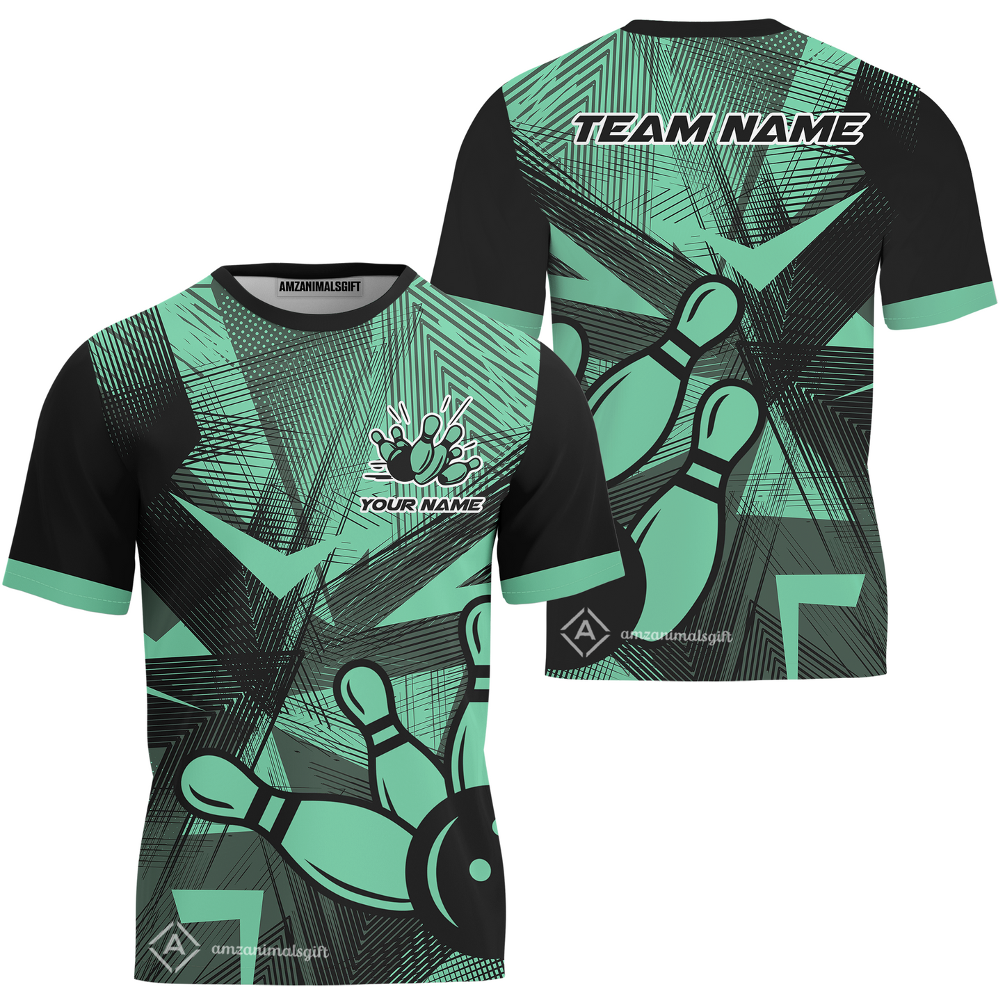 Customized Bowling T-Shirt, Bowling Ball And Pins Esport Pattern Multicolor Option T-Shirt Uniform For Bowlers