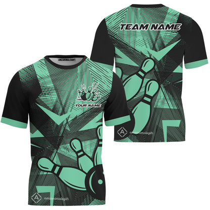 Customized Bowling T-Shirt, Bowling Ball And Pins Esport Pattern Multicolor Option T-Shirt Uniform For Bowlers